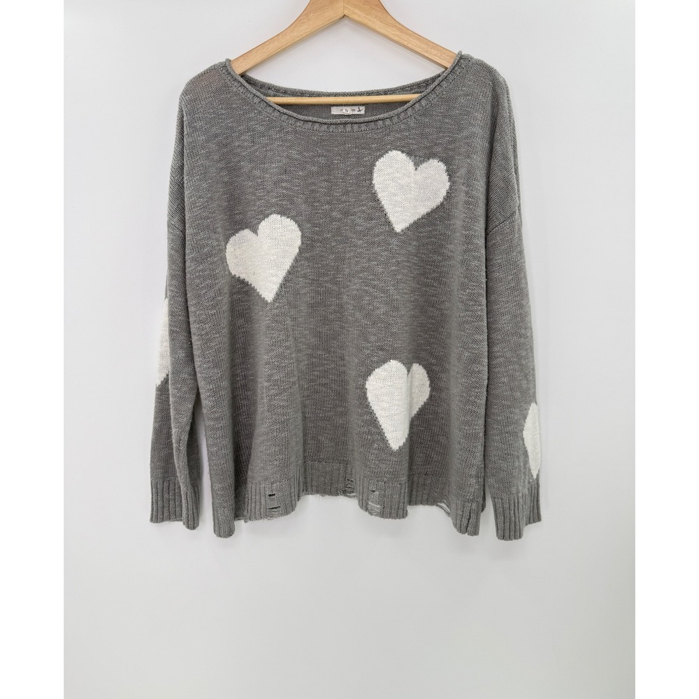 Maurices Womens 1X Gray Heart Print Distressed Knit Scoop Neck Sweater Slouchy
